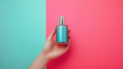 A hand holds a sleek cosmetic spray bottle against a vibrant blue and pink background, ideal for beauty, skincare, or personal care product promotions,