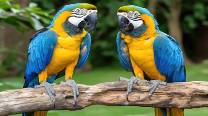 Obraz premium Two stunning tropical birds perched on a branch amidst lush greenery, showcasing vibrant colors and a tranquil forest atmosphere