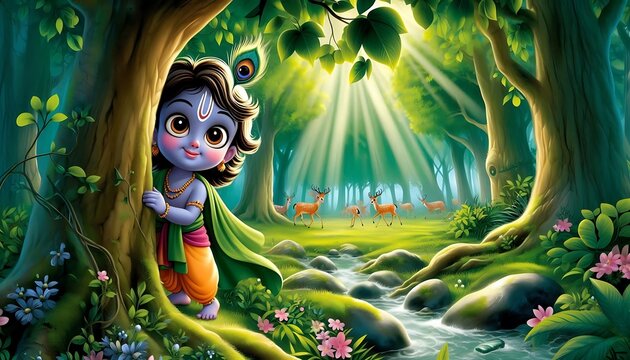 Playful Krishna in the Enchanted Forest - Powered by Adobe