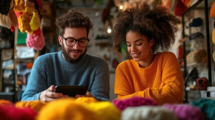 Obraz premium Two people in colorful sweaters, sitting at a table with yarn and crafts, sharing a tablet screen, Suitable for themes related to creativity, crafting, teamwork, and small businesses,