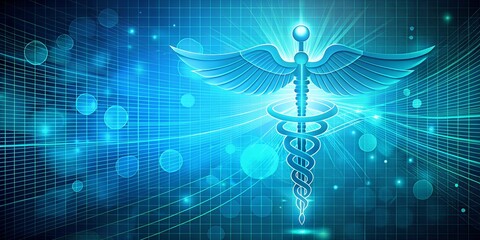 Healthcare Network. a caduceus symbol in  center, surrounded by hexagonal shapes and connecting lines on a blue gradient background.