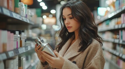 A woman examines a product in a cosmetics aisle, perhaps considering a purchase, The image portrays careful selection and consumer decision-making and can be used for themes related to shopping