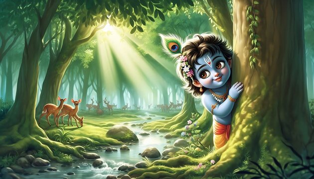 Playful Krishna in the Enchanted Forest - Powered by Adobe