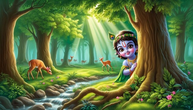 Playful Krishna in the Enchanted Forest
