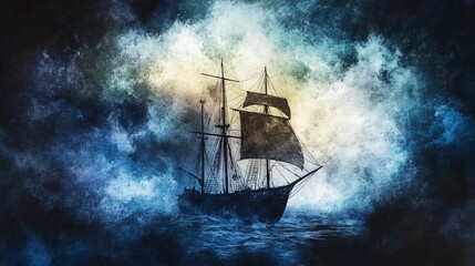 Fototapeta premium Ghost ship, sailing through a stormy night, spectral glow, Watercolor style