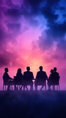 Fototapeta premium Silhouettes of individuals seated against a vibrant sunset, creating a dramatic and inspiring atmosphere. watercolor style