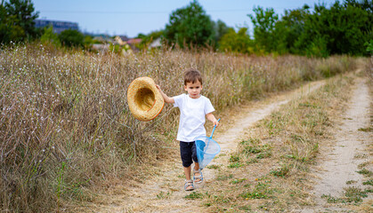 Child with a net and straw hat on a sunny path. A young child walks along a grassy path, holding a straw hat and an insect net, enjoying a sunny day in a rural environment.
