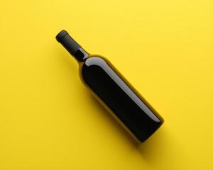 Fototapeta premium A Black Wine Bottle Laying on a Bright Yellow Background Minimalism Concept Bottle Mockup