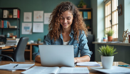 Fototapeta premium A young woman with curly brown hair working on a laptop computer in a busy office environment, surrounded by various documents and office supplies