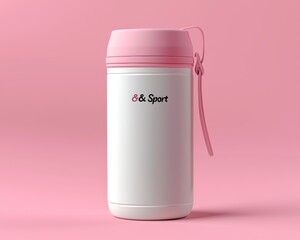 White Thermos with Pink Lid Strap on Pink Background Minimalist Product Photography Bottle Mockup