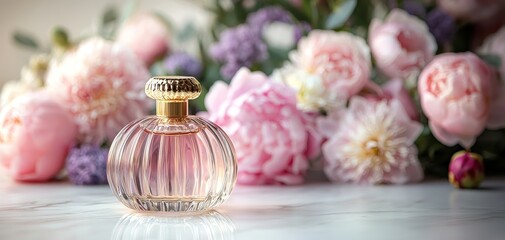 Obraz premium Floral Perfume Bottle A CloseUp of a Delicate Glass Bottle with a Golden Top Set Against a Blurred Background of Pink Peonies on a Marble Surface Bottle Mockup