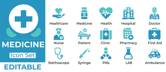 Medical icons. LAB, ambulance, doctor, nurse, patient, clinic, pharmacy, first aid, stethoscope, syringe, pills, healthcare, medicine, health, and more. strong collection of vector icons.
