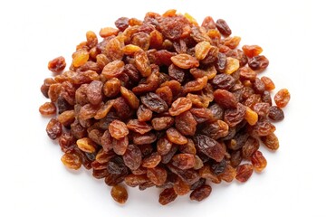 A top view of a pile of raisins scattered on a white background, isolated on white.