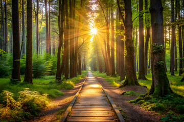 Obraz premium A path in a forest with a train track running through it. The sun is shining brightly, casting a warm glow on the trees and the path. The scene is peaceful and serene