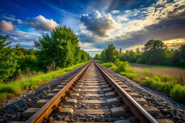 Fototapeta premium A train track with a beautiful blue sky in the background. The sky is filled with clouds, giving the scene a peaceful and serene atmosphere