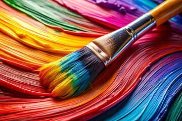 Fototapeta premium A paintbrush is on a colorful canvas with a rainbow of colors. The brush is in the middle of the canvas, and the colors are spread out in a wave-like pattern. Scene is vibrant and lively