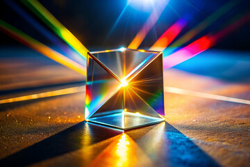 A cube of glass is illuminated by the sun, creating a beautiful rainbow effect. Concept of wonder and awe at the natural beauty of light and color