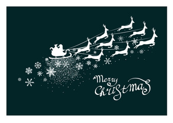 Silhouette of Santa flying in his sleigh. Christmas card. Merry Christmas. Not AI, Vector illustrations.