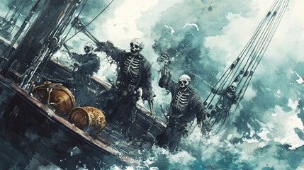 Skeleton crew, sailing through a storm, cursed treasure on deck, Watercolor style