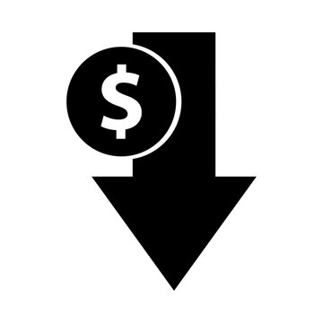 Downward arrow with coin dollar icon. Decreasing arrow. Financial, loss, recession, business concepts. Flat vector isolated design illustration on background.