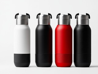 Four insulated water bottles white black red and black on a white background Minimalist flatlay composition Drink up Bottle Mockup