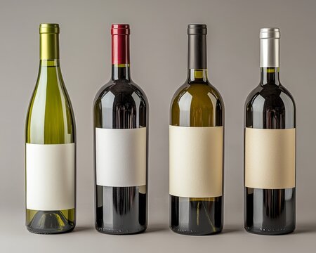 Four Wine Bottles with Blank Labels Centered Neutral Background Ready for Design Bottle Mockup