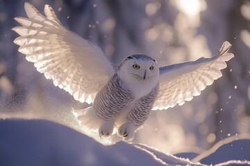 Snowy Owl Taking Flight in a Wintery Setting