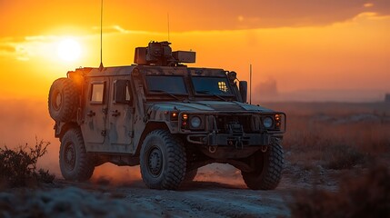 Military vehicle driving on a dirt road during sunset.