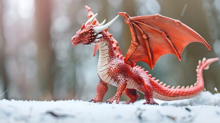 Naklejka premium Toy fire red dragon side view with snow background
