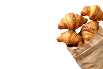 Deliciously flaky and golden croissants overflowing from a paper bag, making them perfect for breakfast or brunch. Isolated on white transparent background