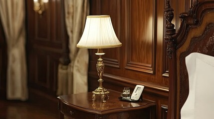 The bedroom showcases a beautifully designed bed with a stylish headboard, complemented by a bedside table and soft lighting, creating a warm, inviting atmosphere