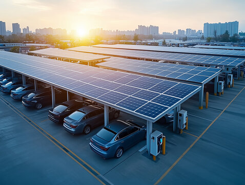 A modern parking structure features solar panels overhead while electric vehicles charge beneath them. The sunset casts a scenic glow over the urban area, emphasizing sustainability