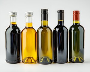 Five Bottles of Wine a Row of Colors Sunlight Reflects in Glass White Background Bottle Mockup