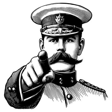 recommend clip art: stern military commander, pointing directly forward, symbolizing recruitment, authority, and duty sketch engraving generative ai PNG illustration. Scratch board imitation. Black and white image.