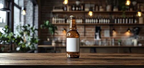 A solitary beer bottle on a rustic wooden bar backlit by warm lighting creates a inviting ambiance Bottle Mockup