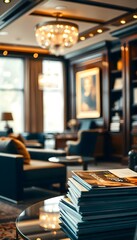 luxurious office environment with dark wood accents, bokeh effect of golden lights create with ai