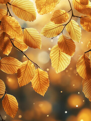 Fototapeta premium Golden leaves dangle from branches, illuminated by soft sunlight in a tranquil forest. The warm autumn ambiance creates a peaceful and picturesque setting