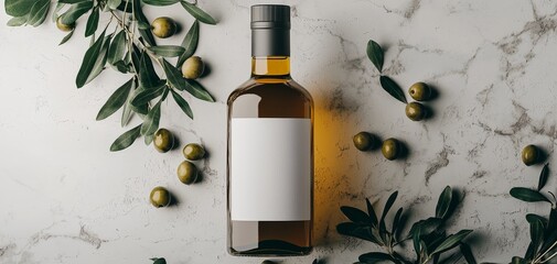 Olive Oil Bottle Mockup Flatlay with White Label Green Branches and Olives on Marble Background Bottle Mockup