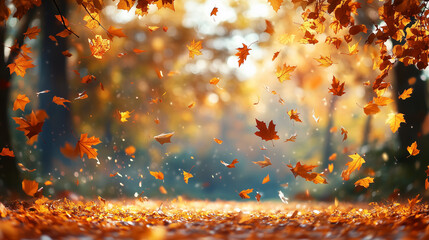 Colorful leaves gracefully descend through a serene forest, creating a picturesque autumn atmosphere as sunlight filters through the trees