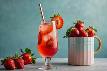 A glass of strawberry drink with a straw stands on the table next to a bowl of berries. Strawberry sangria, refreshing.