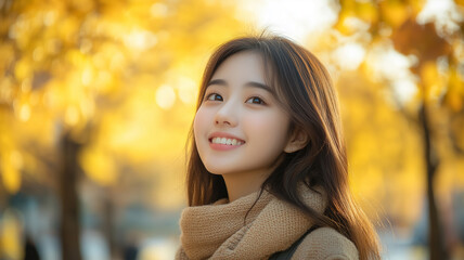 Naklejka premium Portrait of young happy smiling asian girl in autumn park, positive cheerful young woman enjoying a walk outdoors in autumn forest. Active lifestyle, good health. Enjoying outdoors.
