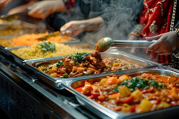 Obraz premium Steaming hot Asian cuisine served in metal chafing dishes at buffet style catering event, featuring colorful vegetables and meat dishes perfect for food service industry.