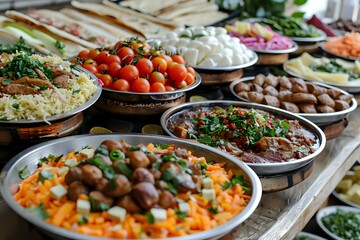 Fototapeta premium Traditional Middle Eastern buffet spread with colorful mezze platters featuring hummus, falafel, fresh vegetables, and authentic Mediterranean appetizers served in silver plates.