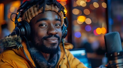 Fototapeta premium Cheerful radio host or podcast creator wearing headphones and yellow jacket smiles while recording content in professional studio with bokeh lights in background.
