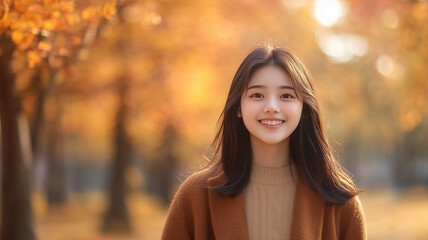 Portrait of young happy smiling asian girl in autumn park, positive cheerful young woman enjoying a walk outdoors in autumn forest. Active lifestyle, good health. Enjoying outdoors.