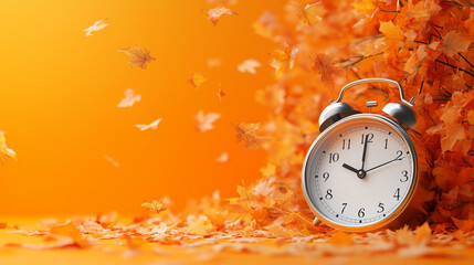 A vintage clock sits among vibrant orange and yellow autumn leaves, creating a warm, seasonal atmosphere that signifies the passage of time during fall
