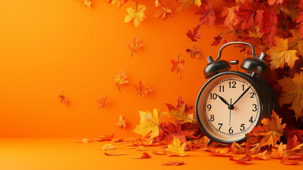 A vintage alarm clock rests among vibrant autumn leaves on a bright orange background, symbolizing the arrival of fall and the change of time. Space for copy.