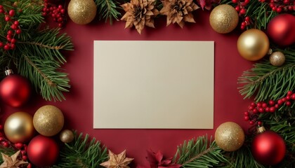 Christmas decorations and gifts as frame, top view with blank space, background for new year celebrations, winter fairy tale