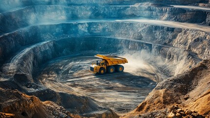 Work of heavy equipment in an open pit for gold ore mining, soft focus