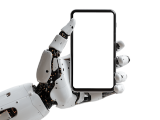 A highly detailed robotic hand extends forward, grasping a blank smartphone. The futuristic design highlights intricacies of technology and robotics, emphasizing innovation